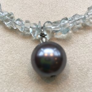 Crystal and Large grey glass pearl necklace, 17"